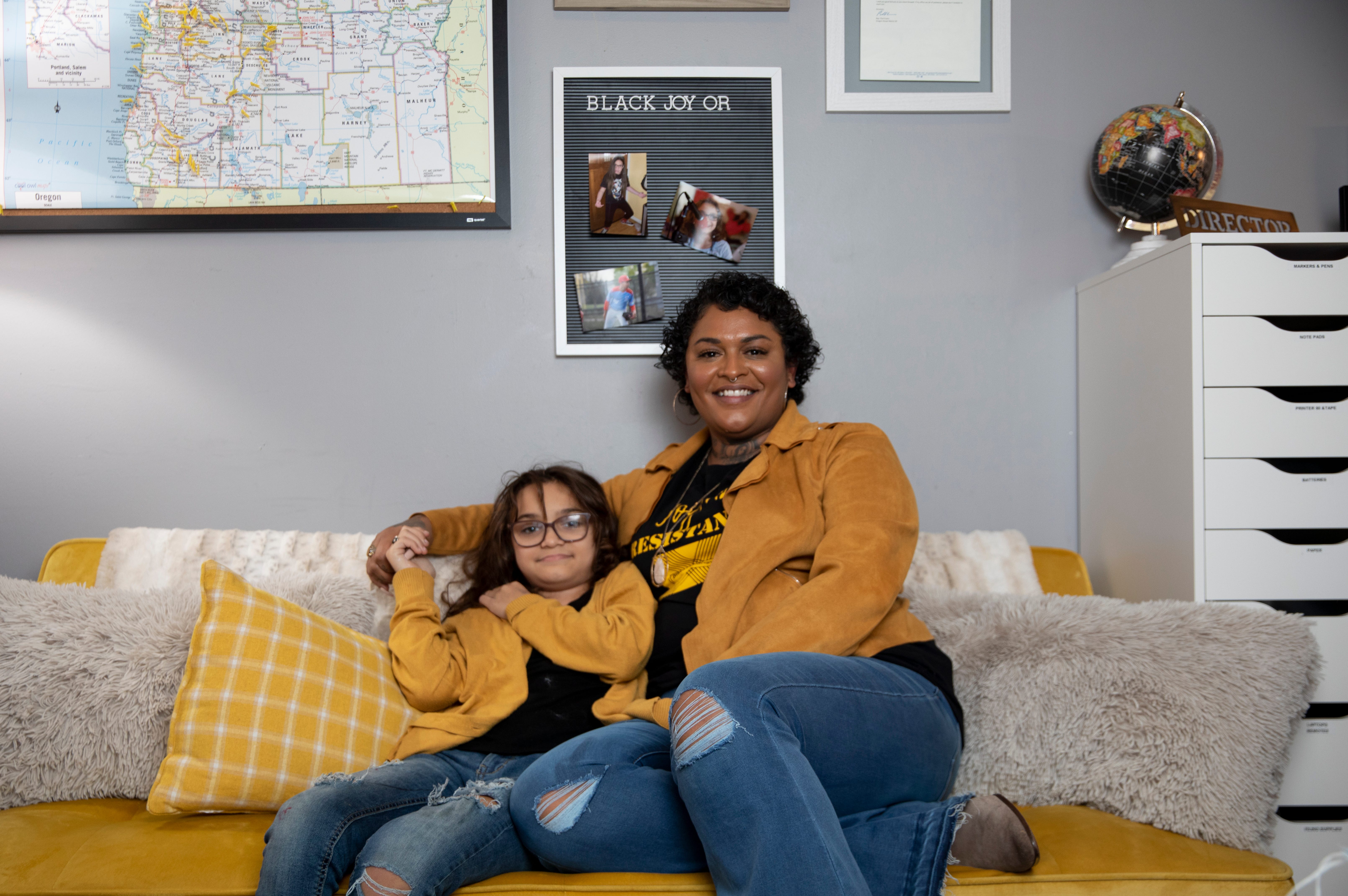 Julianne Jackson and her daughter Delilah Fredrickson, 10, at the Black Joy Oregon Office in Salem.