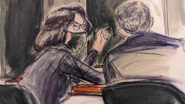 In this sketch, Ghislaine Maxwell, seated left, sp