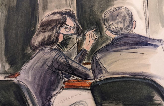 In this sketch, Ghislaine Maxwell, seated left, speaks to her defense attorney Christian Everdell prior to the testimony of "Kate,"during the trial of Ghislaine Maxwell, Monday, Dec. 6, 2021, in New York. Maxwell 's family have written to Attorney General Merrick B. Garland requesting that authorities stop using four-point restraints to shackle her hands, waist and feet when she is moved from a holding cell to the courtroom, and that she receive a food pack and a bar of soap each day. (AP Photo/Elizabeth Williams)