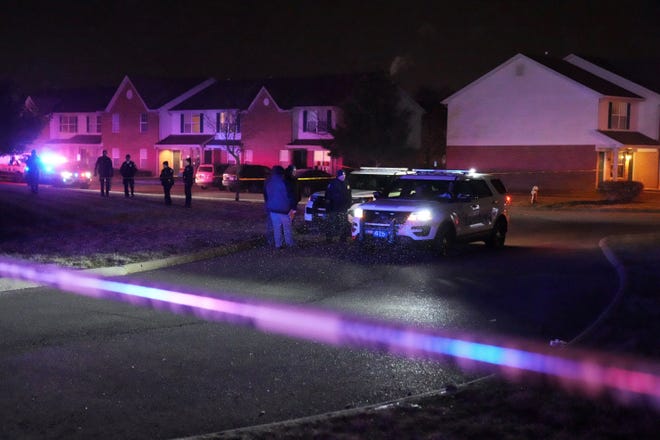 Columbus police on the scene of a triple homicide Tuesday night on Kodiak Drive in the Winchester Lakes Apartments complex on the city's Southeast Side near Canal Winchester.  Police responding to a call of shots fired at 6:16 p.m. found three people - two juveniles and one adult - fatally shot inside a parked vehicle riddled with bullets.