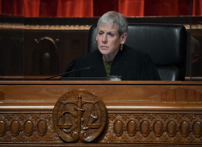 Chief Justice Maureen O'Connor listens to oral arguments in League of Women Voters of Ohio, et al. vs. Ohio Redistricting Commission, et al. at the Ohio Supreme Court on Dec. 8, 2021.