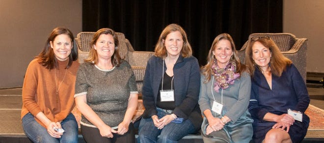 Members of the Learn Committee of the SWGC Board of Directors, from left to right – Ashley Weir, Sue Spaulding, Margot Schmolka, Linda Daley and Erika Taylor – gather on the 3S Artspace stage following the 2021 SWGC Learn Forum.
