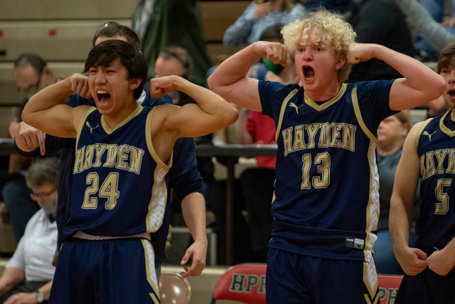 Hayden's Patrick Gorman (24) and Daxton Ham (13) react after a foul is called against Highland Park.