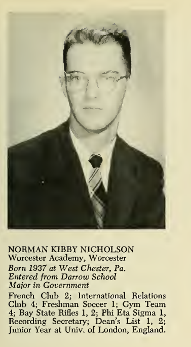 A photo of Norman Kibby Nicholson from the University of Massachusetts Amherst yearbook in 1958.