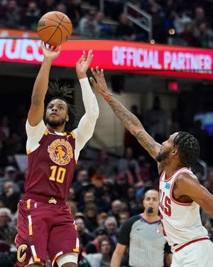 Cavaliers gyard Darius Garland (10) scored 24 points in a 115-92 win over the Chicago Bulls on Wednesday night. [Tony Dejak/Associated Press]