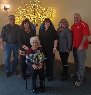Cressie May Hoopes, seated, celebrated her 90th birthday with a party attended by extended family. Seen here with the birthday girl are her five children, Mark Hoopes, Marsha Johnson, Diane Banar, Laura Bianco and Monte Hoopes.