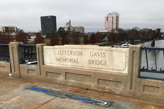 Signs identify the Jefferson Davis Memorial Bridge, where Augusta is spending $11 million to create a pedestrian tourist attraction.