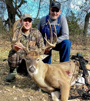 As social media announced earlier this week, longtime Grayson County bowhunter Tarif Alkhatib (left) arrowed on Wednesday one of the best typical whitetails ever reported in Grayson County. Shown here with retired TPWD game warden Dale Moses (right), the 12-point mainframe typical buck could be a new county record with a net score in the upper 170s.