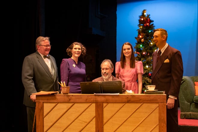 From left, Jeff Tryka as Kris Kringle, Kelsey Crump as Doris Walker, Denny Olsen (at piano) as Alex Mialdo, Riley Becker as Susan and Caleb Tipton as Fred Gailey will perform as script-holding, 1940s-era radio actors in Elkhart Civic Theatre's production of "Miracle on 34th Street, a Live Radio Play" on Dec. 17-19 at the Bristol Opera House.