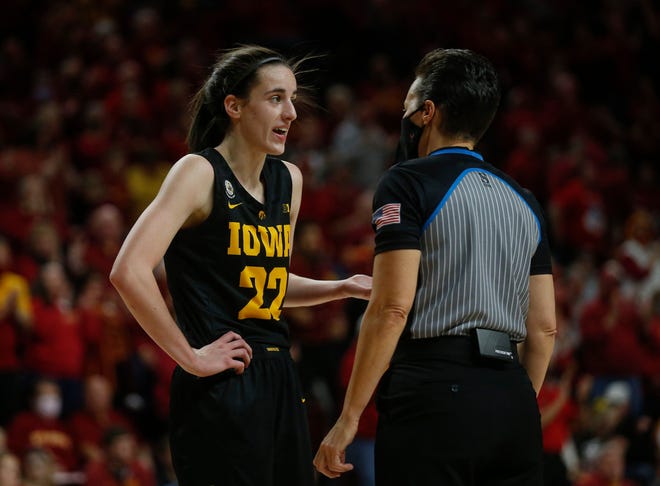 Iowa guard Caitlin Clark appeals for a foul call during the Hawkeyes' 77-70 loss to Iowa State.