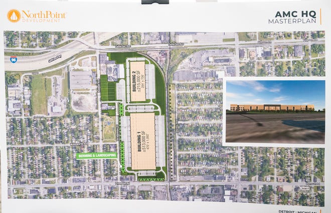 A rendering shows the redevelopment of more than 50 acres encompassing the former American Motors Corporation headquarters Thursday, Dec. 9, 2021. The AMC headquarters was shut down in 2010. The new developer, NorthPoint, is planning a $66 million employment center for hundreds of jobs in Detroit.