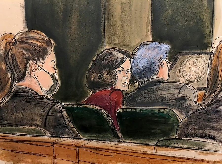In this courtroom sketch, Ghislaine Maxwell center, confers with defense attorney Jeffrey Pagliuca before testimony in her sex abuse trial in New York Dec. 8. The British socialite is accused of helping millionaire Jeffrey Epstein sexually abuse underage girls.