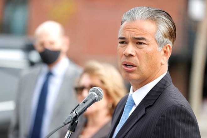 SAN FRANCISCO, CALIFORNIA - NOVEMBER 15: California Attorney General Rob Bonta speaks during a news conference outside of an Amazon distribution facility on November 15, 2021 in San Francisco, California.