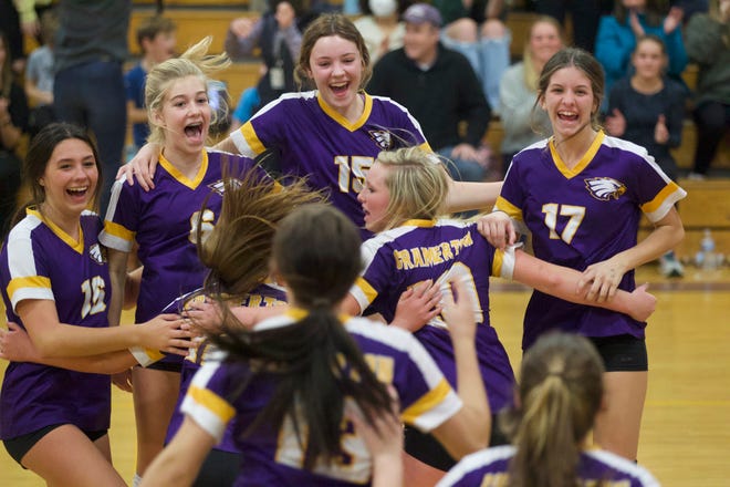 Cramerton volleyball players celebrate after claiming the Gaston County championship on Thursday, Dec. 9, 2021.