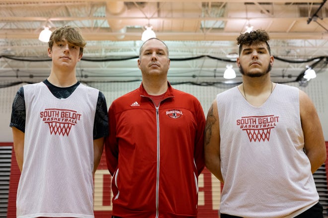 Ross Robertson (left), Bradley Knepper (right), and coach Matt Stucky are the big men that drive No. 3-ranked South Beloit's Class 1A boys basketball team. They pose on Wednesday, Dec. 8, 2021, at South Beloit High School.