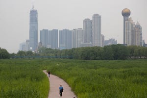 Seorang penduduk yang mengenakan topeng melawan virus corona berjalan melalui ladang alang-alang dan pemandangan kota di sepanjang Sungai Yangtze di Wuhan di provinsi Hubei, China tengah pada 16 April 2020.