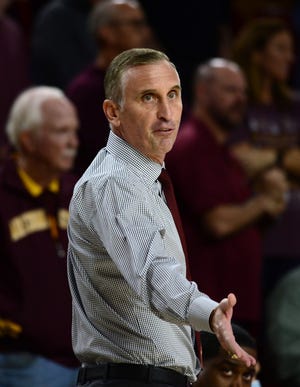 Dec 9, 2021; Tempe, Arizona, USA; Arizona State Sun Devils head coach Bobby Hurley reacts against the Grand Canyon Lopes during the first half at Desert Financial Arena. Mandatory Credit: Joe Camporeale-USA TODAY Sports