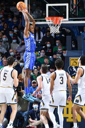 Dec 11, 2021; South Bend, Indiana, USA; Kentucky Wildcats forward Keion Brooks Jr. (12) goes up for a dunk in the first half against the Notre Dame Fighting Irish at the Purcell Pavilion. Mandatory Credit: Matt Cashore-USA TODAY Sports