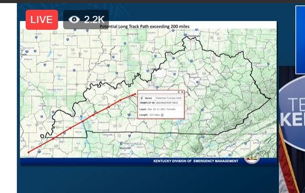 The red line shows the 200-mile path of one tornado in what Gov. Andy Beshear says might be the worst outbreak Kentucky has seen.