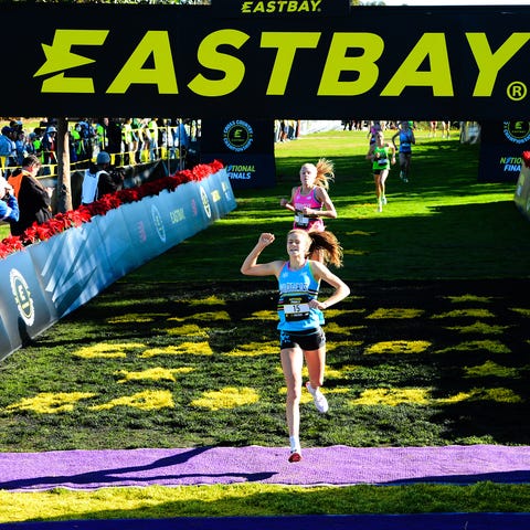 Cornwall's Karrie Baloga hits the finish line in f