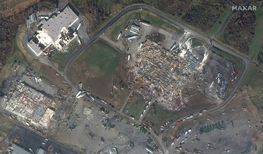 Satellite image of completely leveled candle factory in Mayfield, Kentucky on Saturday, Dec. 11, 2021, after a tornado tore through the night before.