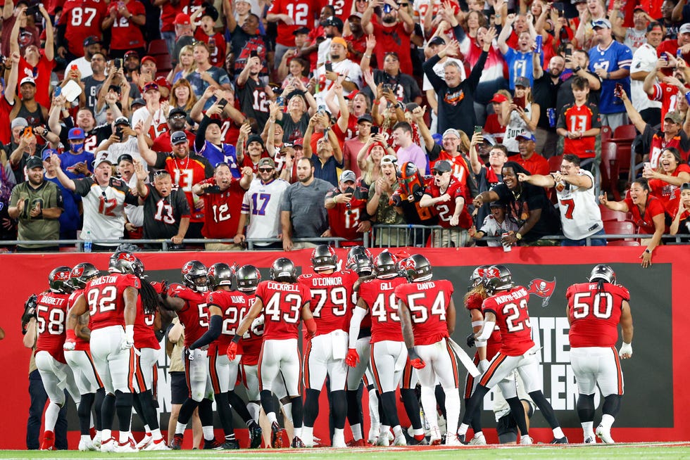 Dec 12, 2021; Tampa, Florida, USA;  Tampa Bay Buccaneers defense reacts after an interception in the first half against the Buffalo Bills at Raymond James Stadium. Mandatory Credit: Nathan Ray Seebeck-USA TODAY Sports