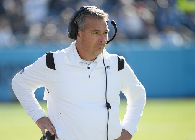 Jacksonville Jaguars head coach Urban Meyer paces the sidelines against the Tennessee Titans during first half at Nissan Stadium.