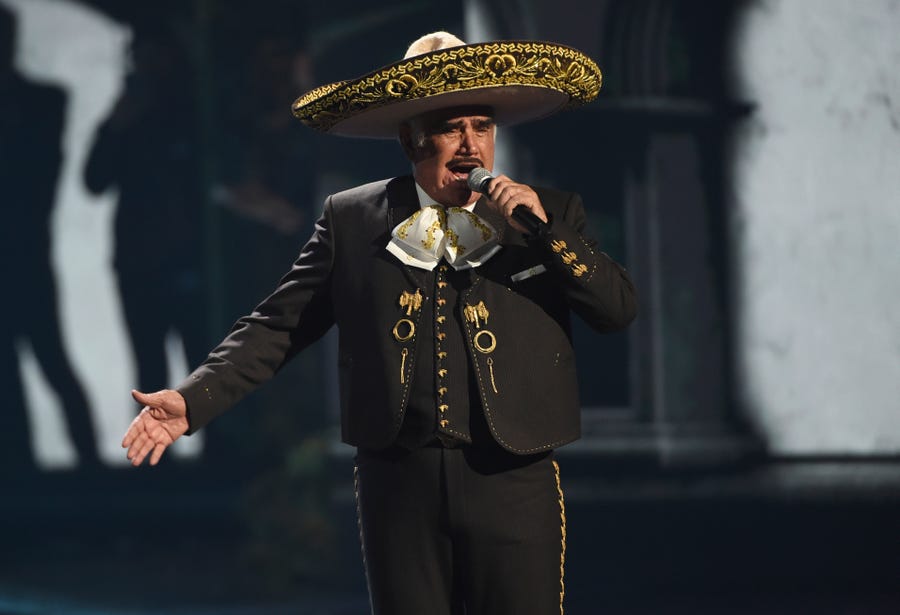 Vicente Fernandez performs at the 20th Latin Grammy Awards on Nov. 14, 2019, in Las Vegas. The Mexican singer died early Sunday, Dec. 12, 2021, relatives reported. He was 81 years old. 