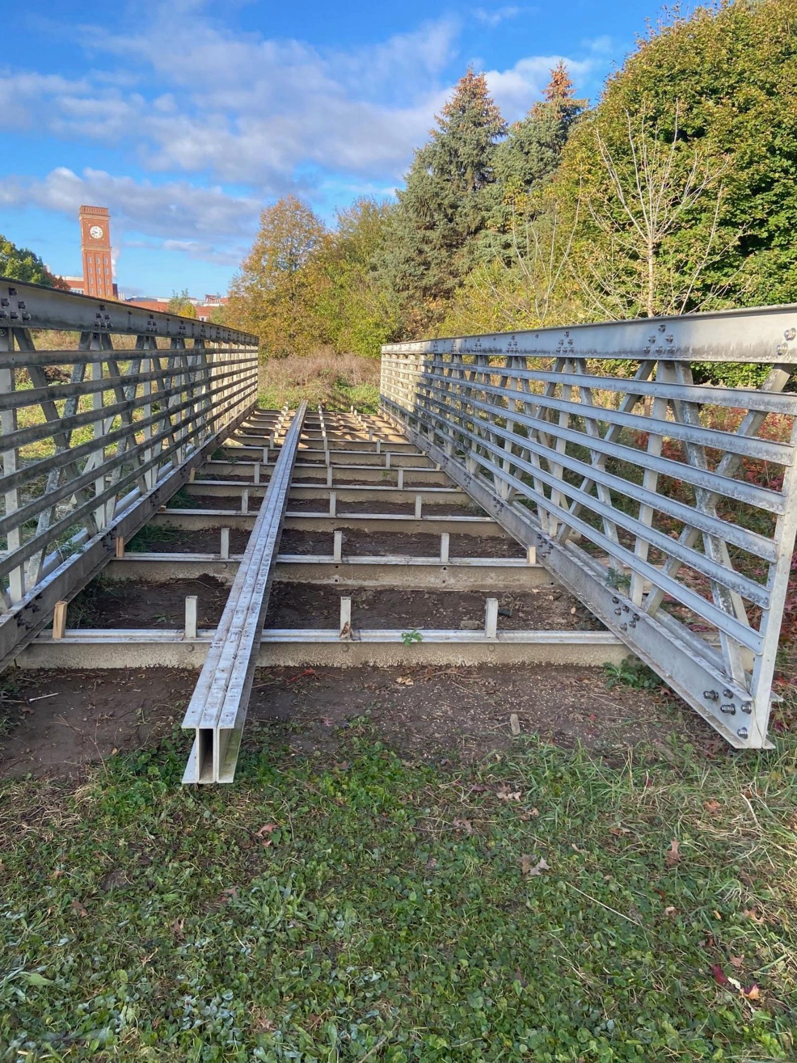The metal frame of this 58-foot bridge was found to be missing on Nov. 11, about a week after the deck boards had been stolen,