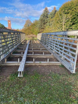 The metal frame of this 58-foot bridge was found to be missing on Nov. 11, about a week after the deck boards had been stolen,