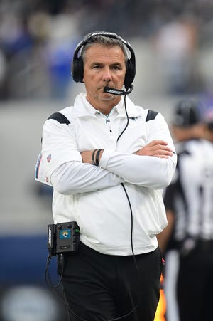 Dec 5, 2021; Inglewood, California, USA; Jacksonville Jaguars head coach Urban Meyer watches game action against the Los Angeles Rams during the first half at SoFi Stadium. Mandatory Credit: Gary A. Vasquez-USA TODAY Sports