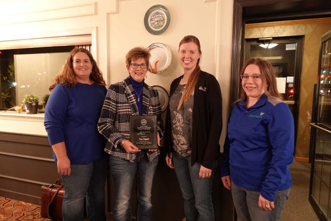The 2021 Friend of SDAAEP award was presented to Pam Geppert of Dakota Farm Talk. Pictured from left are Adele Harty, SDSU Extension cow/calf field specialist; Pam Geppert; Sara Bauder, SDSU Extension agronomy field specialist; and Connie Strunk, SDSU Extension plant pathology field specialist.