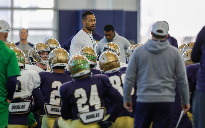 Head coach Marcus Freeman addresses the team during Notre Dame football practice for the Fiesta Bowl on Sunday, Dec. 12, 2021, inside the Irish Athletics Center at Notre Dame in South Bend.