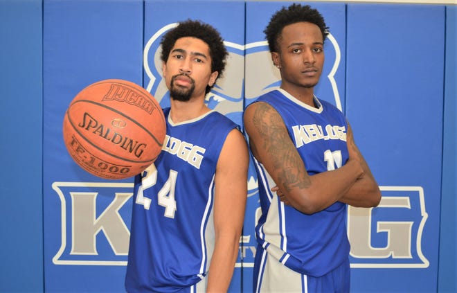 The 2021-22 Kellogg Community  College men's basketball team is led by returning players, from left, Alika Edmonds and Larry Patrick.