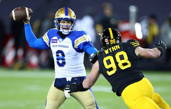 Zach Collaros #9 of the Winnipeg Blue Bombers throws the ball during the 108th Grey Cup CFL Championship Game against the Hamilton Tiger-Cats at Tim Hortons Field on December 12, 2021 in Hamilton, Ontario, Canada.