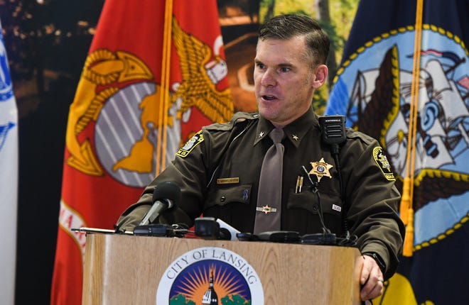 Ingham County Sheriff Scott Wriggelsworth speaks Monday, Dec. 13, 2021, during a press conference at Lansing City Hall where officials addressed the recent increase in gun violence in the Greater Lansing area.
