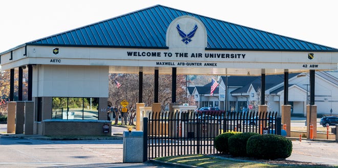 The main gate at Maxwell Air Force Base - Gunter Annex in Montgomery, Ala., on Monday, December 13, 2021.