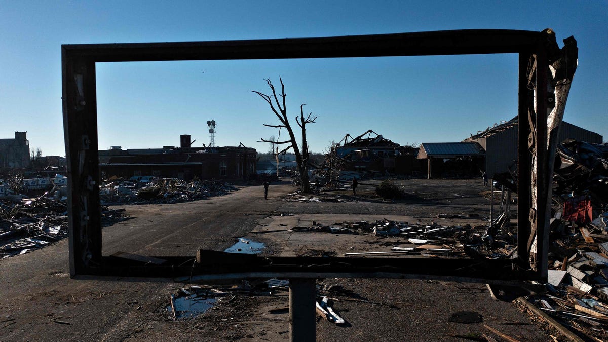 Tornado damage is seen after extreme weather hit the region December 12, 2021, in Mayfield, Kentucky.