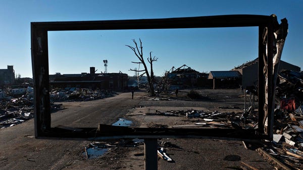 Tornado damage is seen after extreme weather hit t