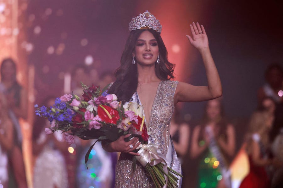 Miss India, Harnaaz Sandhu, is crowned Miss Universe during the 70th Miss Universe beauty pageant in Israel's southern Red Sea coastal city of Eilat on December 13, 2021.