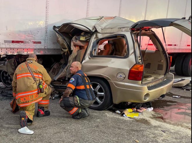 A morning crash Tuesday, Dec. 14, 2021, in Fort Myers left an SUV wedged under a semi tractor trailer, sending one person to the hospital.