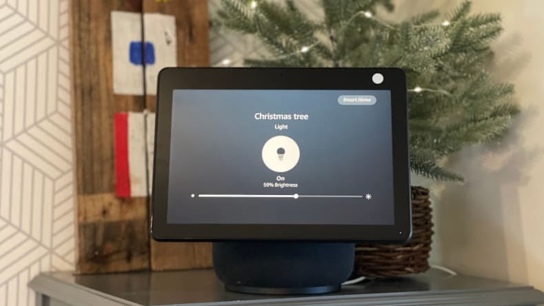 With an Echo speaker or smart display like the Echo Show 10 (pictured), you can ask Alexa to turn on the Christmas tree.