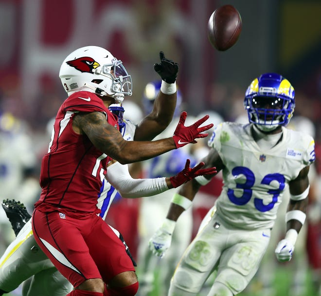 Cardinals wide receiver Christian Kirk catches a pass against the Rams.