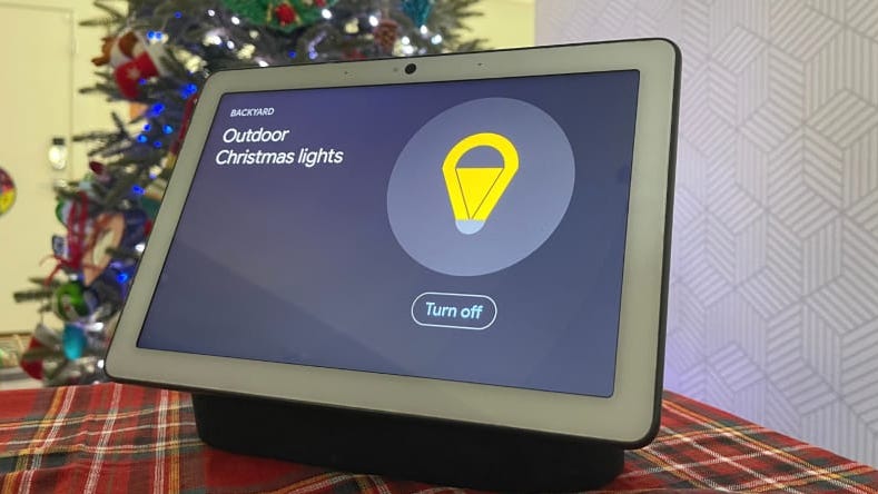 A Google smart display like the Nest Hub Max (pictured) offers visual, touch, and voice controls for your smart holiday lights.