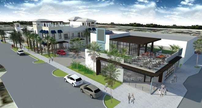 A rendering shows the first phase of The Gallery — a multi-structure campus comprised of a variety of mixed-use developments along the North First Street and Fourth Avenue corridor in Jacksonville Beach. O-Ku will occupy part of the building, including the rooftop bar area.