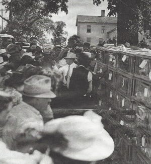 The poultry auction. Seen in the background is the house on the northwest corner of Mennonite Road and Route 43.