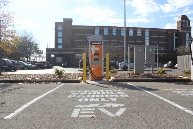 Two electric vehicle charging stations have been installed in the Red Bear parking lot in downtown New Bern.