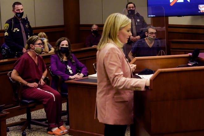 Oakland County Prosecutor Karen McDonald stands before 52-3 District Judge Julie Nicholson during a hearing in Rochester Hills, Mich., Tuesday, Dec. 14, 2021.  James and Jennifer Crumbley are charged with four counts each of involuntary manslaughter in the Nov. 30 shooting that left four high school students dead and injured seven other people.