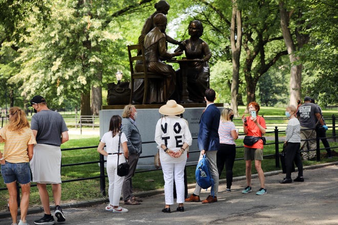 The Feminist Pioneer Monument was unveiled in front of a small crowd in Central Park on August 26, 2020.