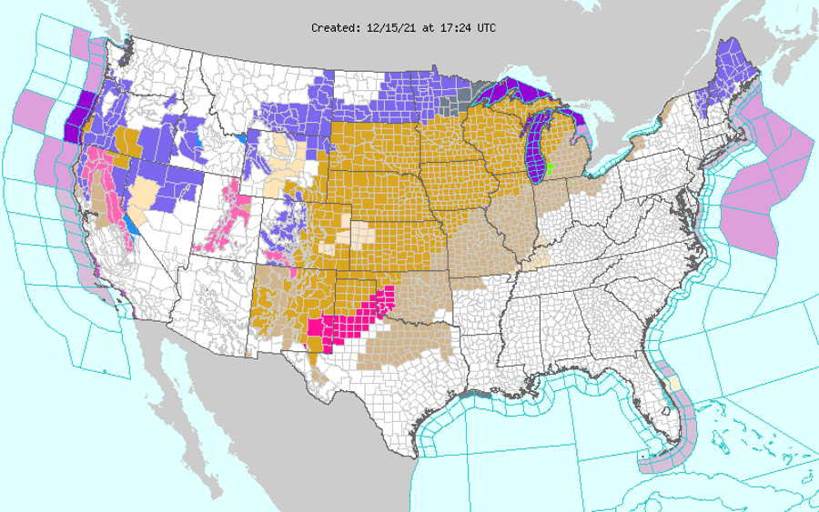 The national weather warning map as of midday Wednesday showed high wind warnings (in brown) stretching from New Mexico to Michigan.